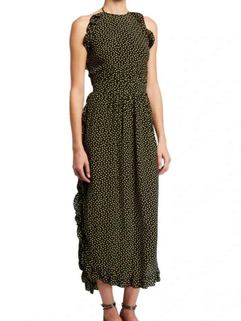 NWT See By Chloe Women’s Black & Yellow Polka Dot Halter Midi Dress w/ Ruffles